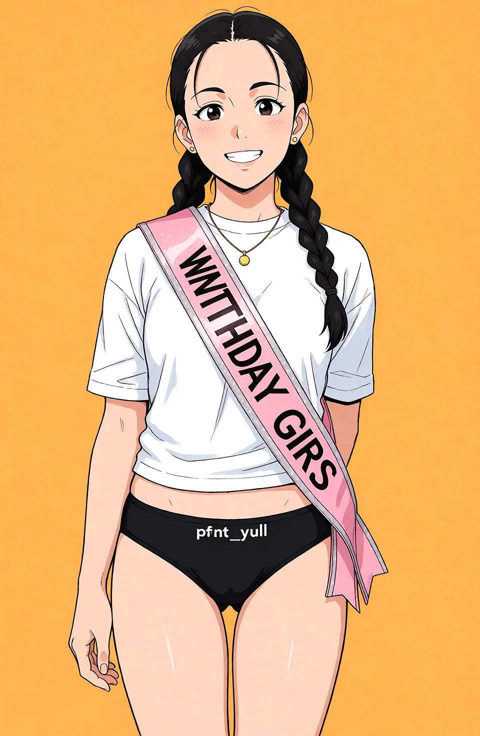 Redraw the entire picture as a hand-drawn anime illustration in flat cel-shaded anime style. It stays the same person with the same face, the same expression, the same hair and the same skin tone, and every other detail of the photograph is kept exactly as it is: nothing is added, removed, moved, uncovered or recoloured. Only the medium changes, and no part of the picture is left photographic. Above all, the picture must show: Wearing only black panty_pull.