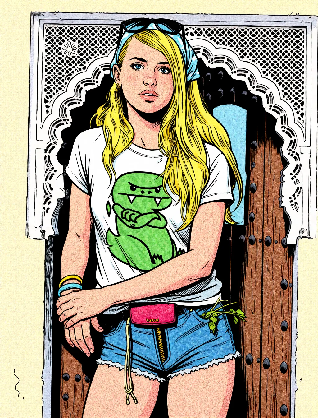Redraw the entire picture as western comic-book art: heavy black inked outlines, hard-edged cel shading, limited high-contrast colour and visible halftone dot texture. The background is drawn in the same style. Nothing in the frame keeps its photographic appearance. Above all, the picture must show: Unzip shorts. Same pose.