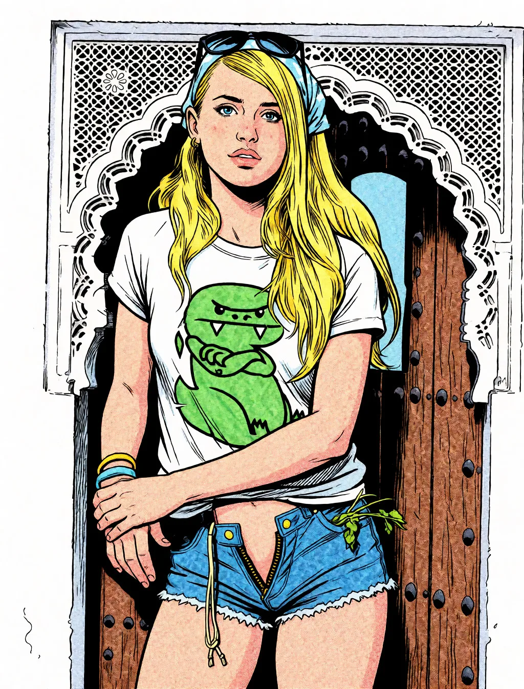 Redraw the entire picture as western comic-book art: heavy black inked outlines, hard-edged cel shading, limited high-contrast colour and visible halftone dot texture. The background is drawn in the same style. Nothing in the frame keeps its photographic appearance. Above all, the picture must show: Unzip shorts, have both sides hang down open. same pose.