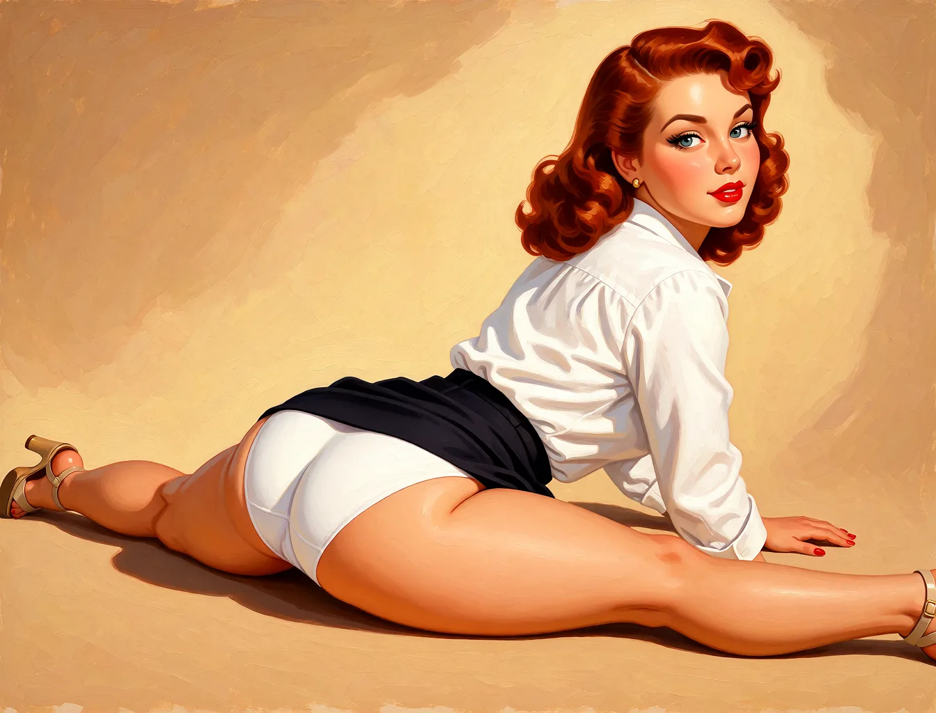 Redraw the entire picture as a retro pin-up illustration: smooth airbrushed gouache paint, warm saturated mid-century colour, clean confident outlines and glamorous stylised features, in the look of a 1950s pin-up poster. The background is painted in the same style. Nothing in the frame keeps its photographic appearance. Above all, the picture must show: make her skirt lift all the way up while showing white panties.