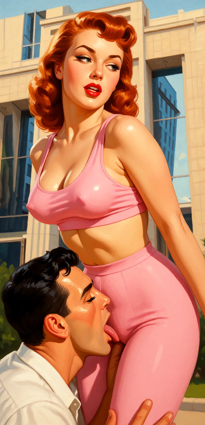 Redraw the entire picture as a retro pin-up illustration: smooth airbrushed gouache paint, warm saturated mid-century colour, clean confident outlines and glamorous stylised features, in the look of a 1950s pin-up poster. The background is painted in the same style. Nothing in the frame keeps its photographic appearance. Above all, the picture must show:women showing tits and guy going to her to lick her pussy.