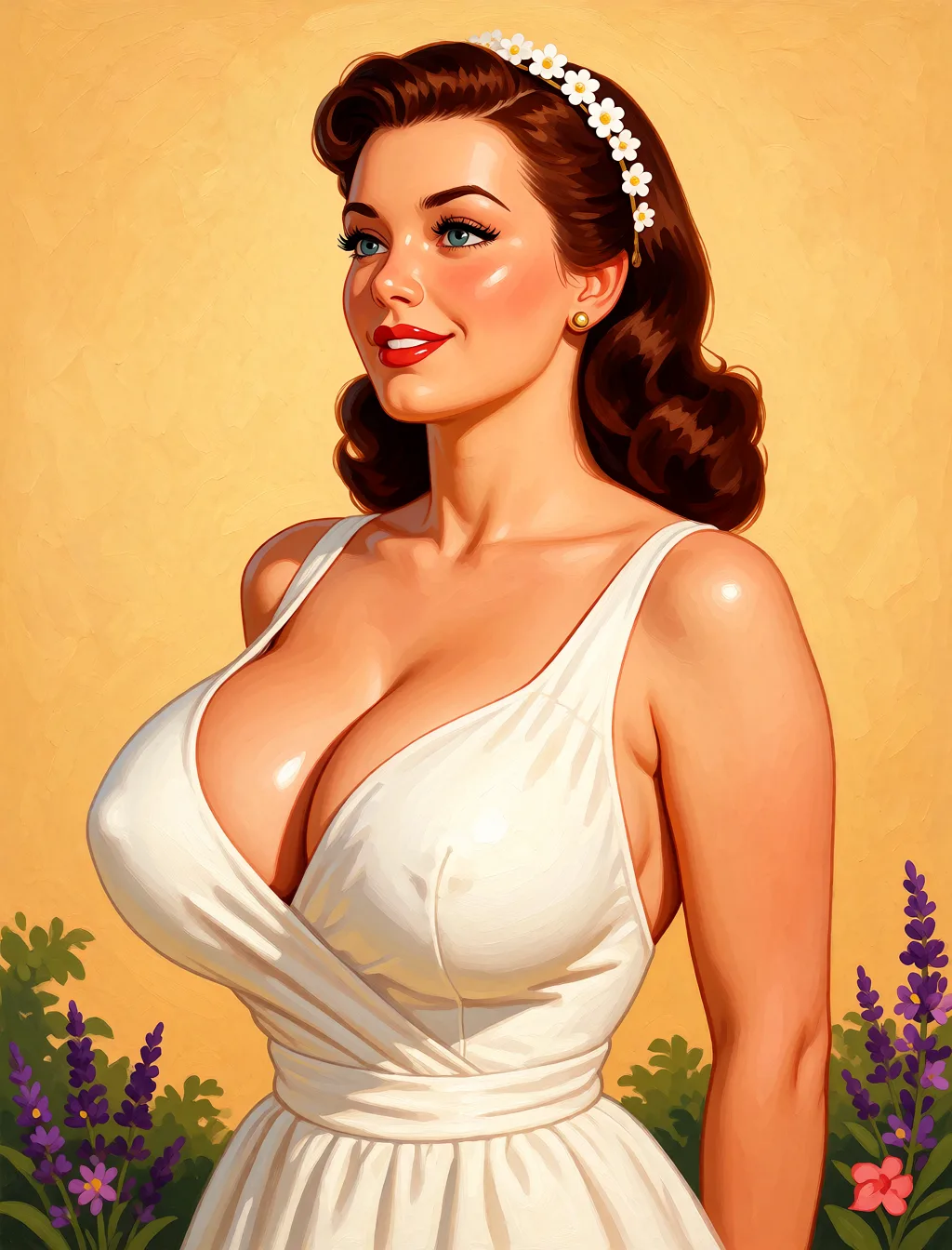 Redraw the entire picture as a retro pin-up illustration: smooth airbrushed gouache paint, warm saturated mid-century colour, clean confident outlines and glamorous stylised features, in the look of a 1950s pin-up poster. The background is painted in the same style. Nothing in the frame keeps its photographic appearance. Above all, the picture must show: huge tits.