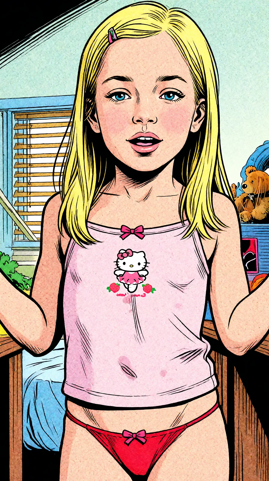Redraw the entire picture as western comic-book art: heavy black inked outlines, hard-edged cel shading, limited high-contrast colour and visible halftone dot texture. The background is drawn in the same style. Nothing in the frame keeps its photographic appearance. Above all, the picture must show: string_panties.