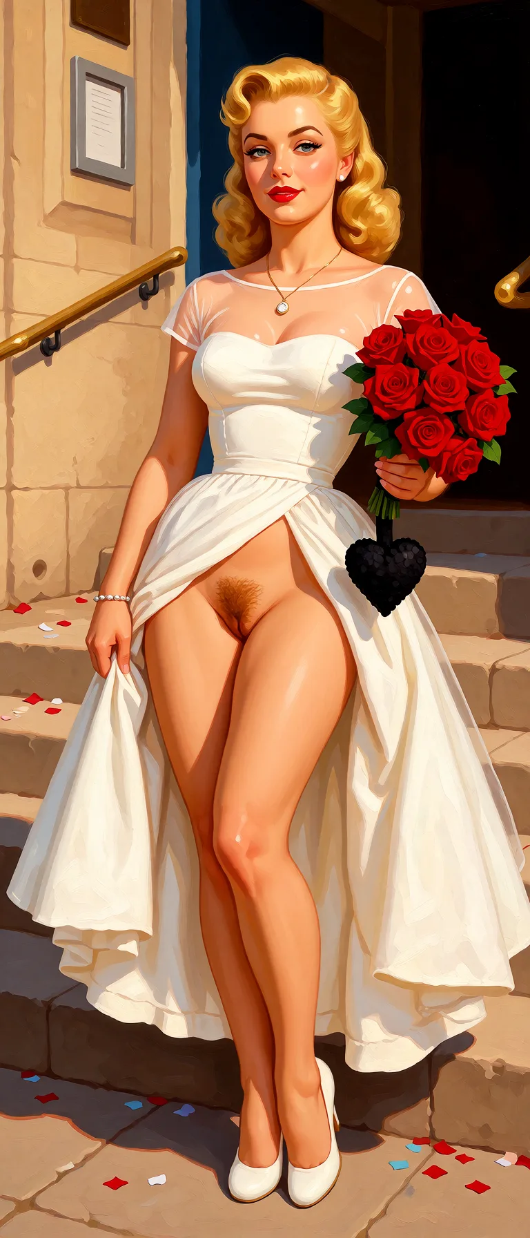 Redraw the entire picture as a retro pin-up illustration: smooth airbrushed gouache paint, warm saturated mid-century colour, clean confident outlines and glamorous stylised features, in the look of a 1950s pin-up poster. The background is painted in the same style. Nothing in the frame keeps its photographic appearance. Above all, the picture must show: Naked with hairy pussy.