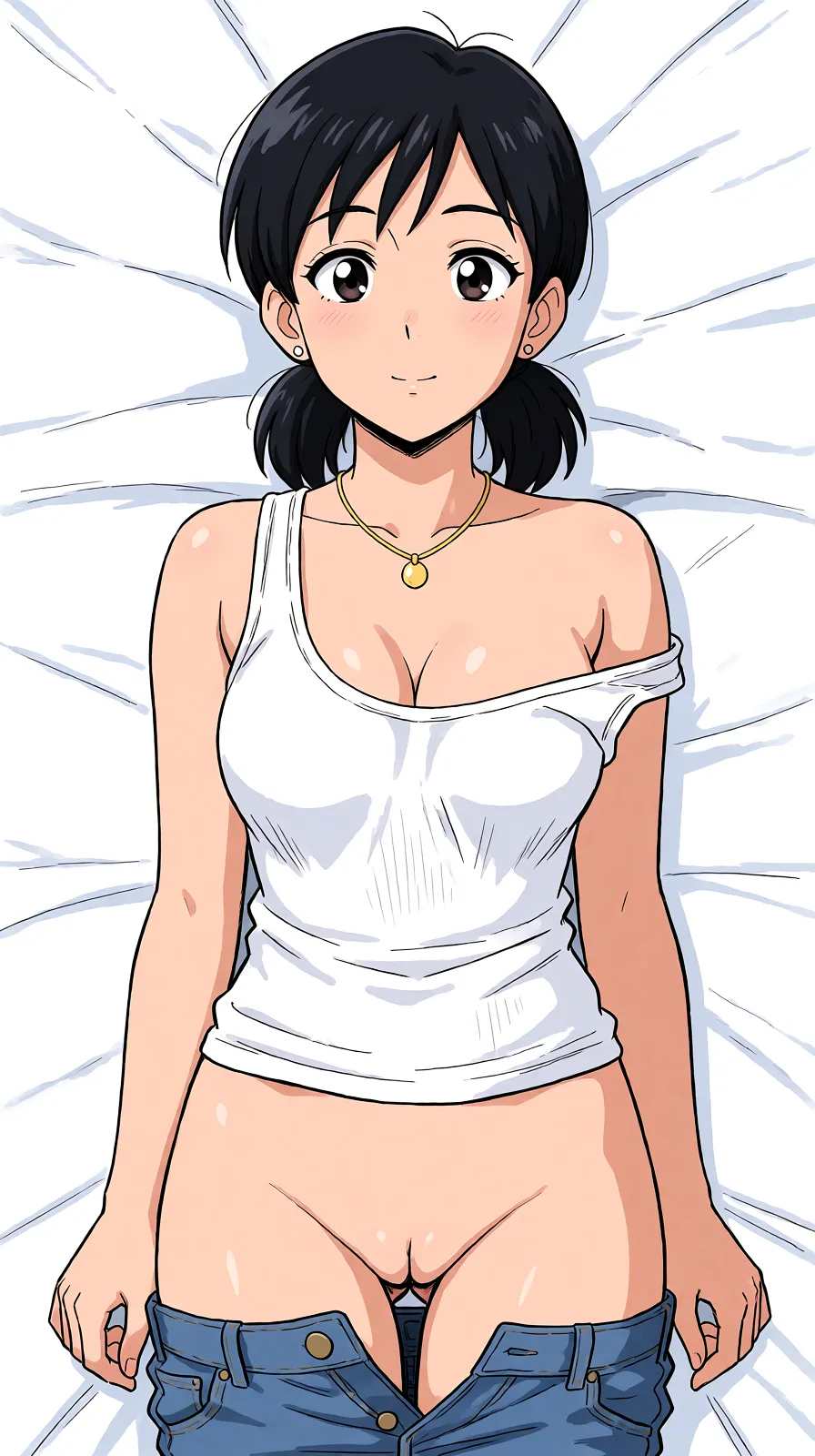 Redraw the entire picture as a hand-drawn anime illustration in flat cel-shaded anime style. It stays the same person with the same face, the same expression, the same hair and the same skin tone, and every other detail of the photograph is kept exactly as it is: nothing is added, removed, moved, uncovered or recoloured. Only the medium changes, and no part of the picture is left photographic. Above all, the picture must show: undressing.