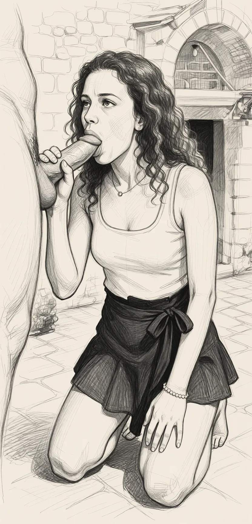 Redraw the entire picture as a hand-drawn graphite sketch on off-white paper: visible pencil strokes, cross-hatched shading, loose construction lines and no colour beyond the grey of the pencil and the tone of the paper. The background is drawn in the same style. Nothing in the frame keeps its photographic appearance. Above all, the picture must show: She will get on her knees, and she will suck a dick of a man that will come to the scene. She will suck him multiple times.