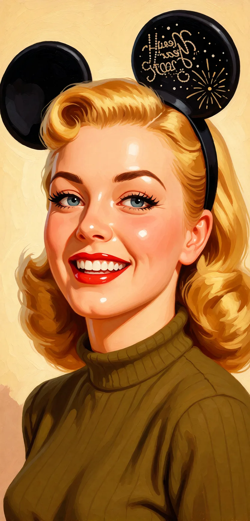 Redraw the entire picture as a retro pin-up illustration: smooth airbrushed gouache paint, warm saturated mid-century colour, clean confident outlines and glamorous stylised features, in the look of a 1950s pin-up poster. The background is painted in the same style. Nothing in the frame keeps its photographic appearance. Above all, the picture must show: gangbang.