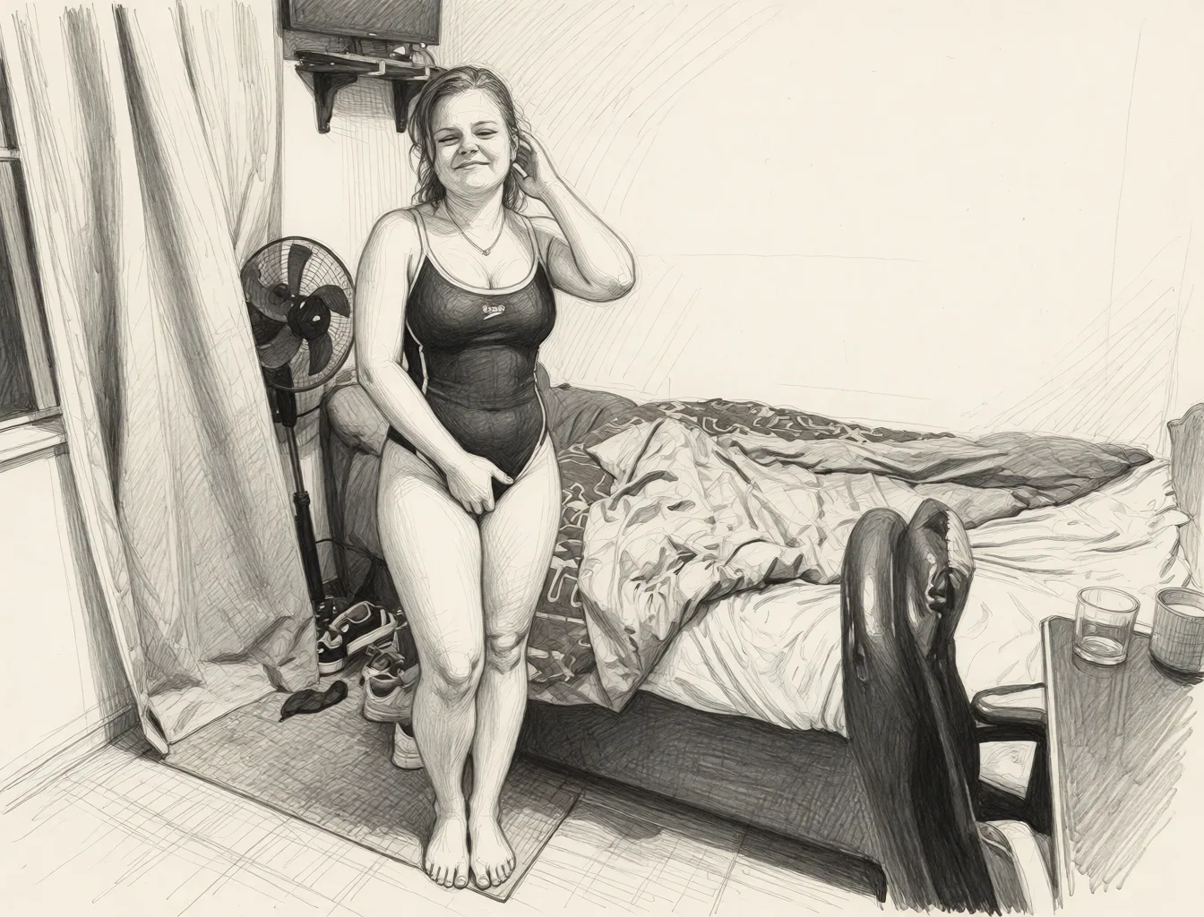 Redraw the entire picture as a hand-drawn graphite sketch on off-white paper: visible pencil strokes, cross-hatched shading, loose construction lines and no colour beyond the grey of the pencil and the tone of the paper. The background is drawn in the same style. Nothing in the frame keeps its photographic appearance. Above all, the picture must show: Make her go on the bed and make her naked and she needs to be fingering her self.