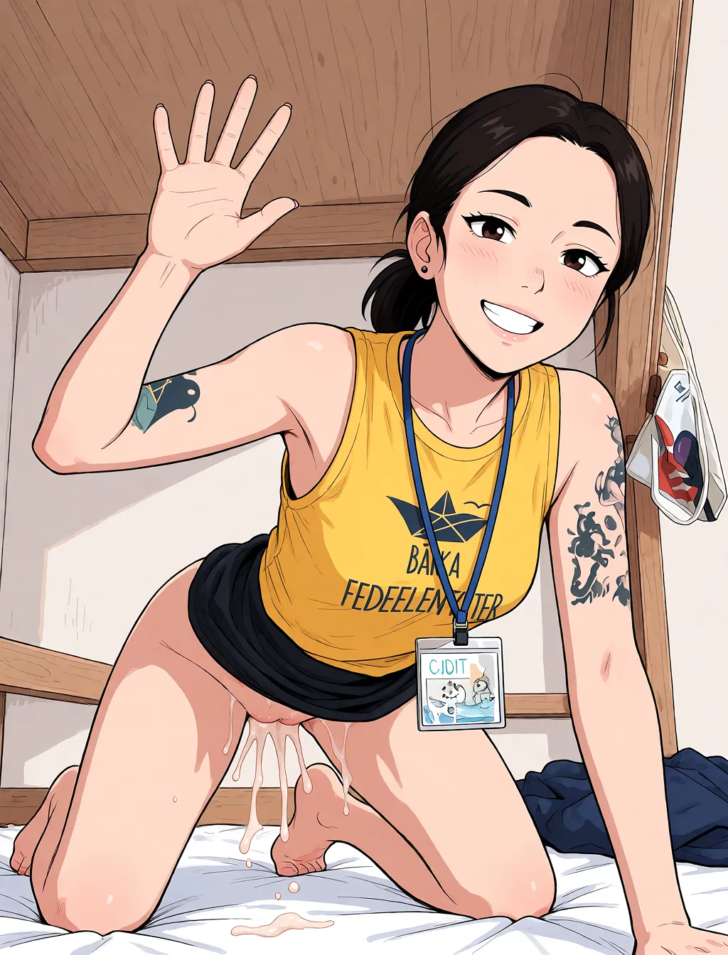 Redraw the entire picture as a hand-drawn anime illustration in flat cel-shaded anime style. It stays the same person with the same face, the same expression, the same hair and the same skin tone, and every other detail of the photograph is kept exactly as it is: nothing is added, removed, moved, uncovered or recoloured. Only the medium changes, and no part of the picture is left photographic. Above all, the picture must show: On all_fours sex_from_behind cum_in_pussy cum_on_body nude.