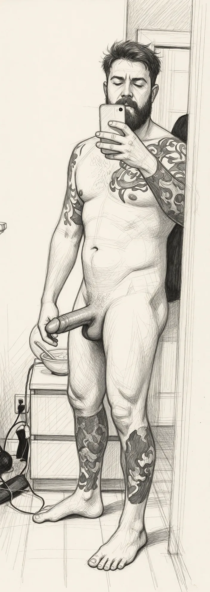 Redraw the entire picture as a hand-drawn graphite sketch on off-white paper: visible pencil strokes, cross-hatched shading, loose construction lines and no colour beyond the grey of the pencil and the tone of the paper. The background is drawn in the same style. Nothing in the frame keeps its photographic appearance. Above all, the picture must show: Jerking off his massive cock.