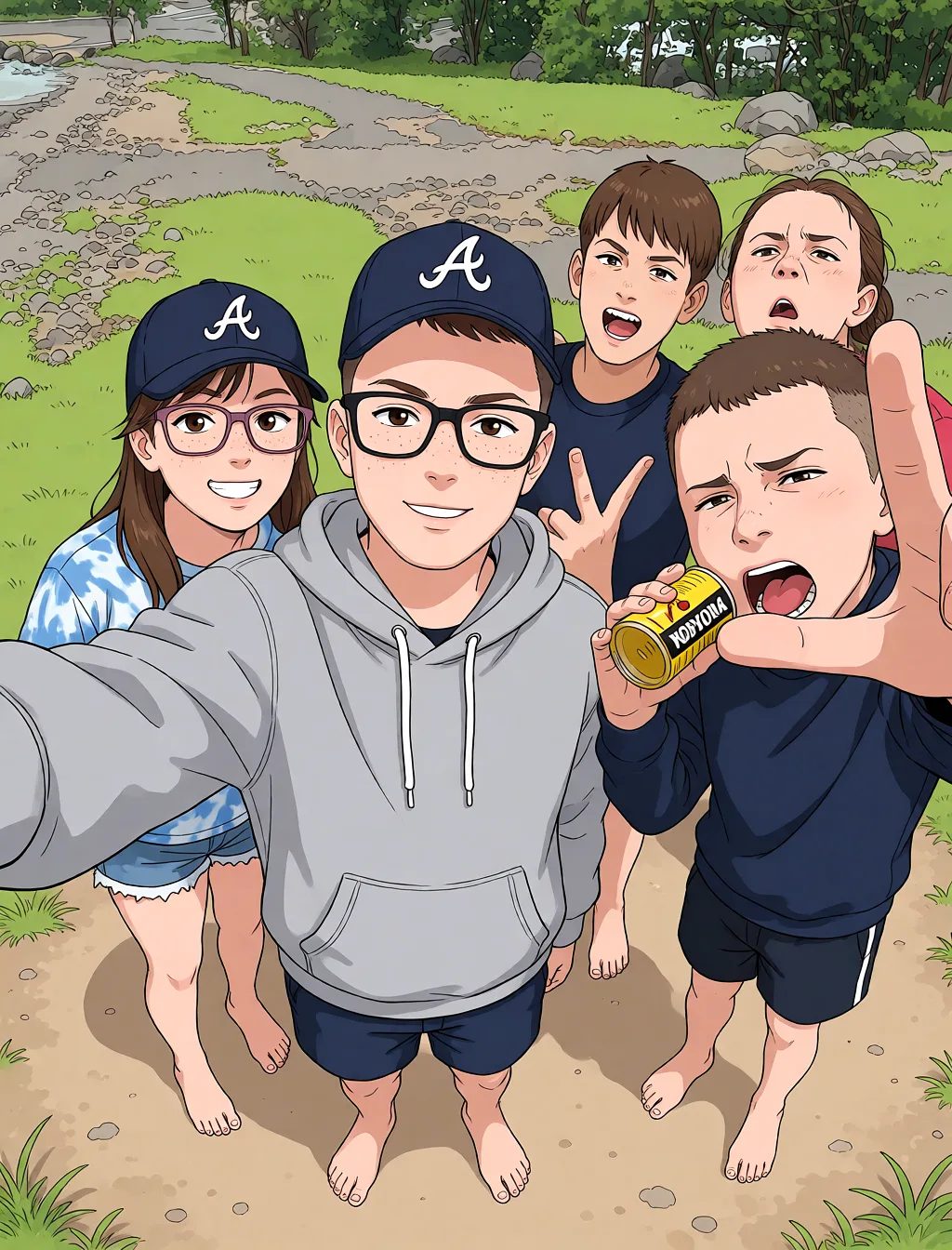 Redraw the entire picture as a hand-drawn anime illustration in flat cel-shaded anime style. It stays the same person with the same face, the same expression, the same hair and the same skin tone, and every other detail of the photograph is kept exactly as it is: nothing is added, removed, moved, uncovered or recoloured. Only the medium changes, and no part of the picture is left photographic. Above all, the picture must show: feet.