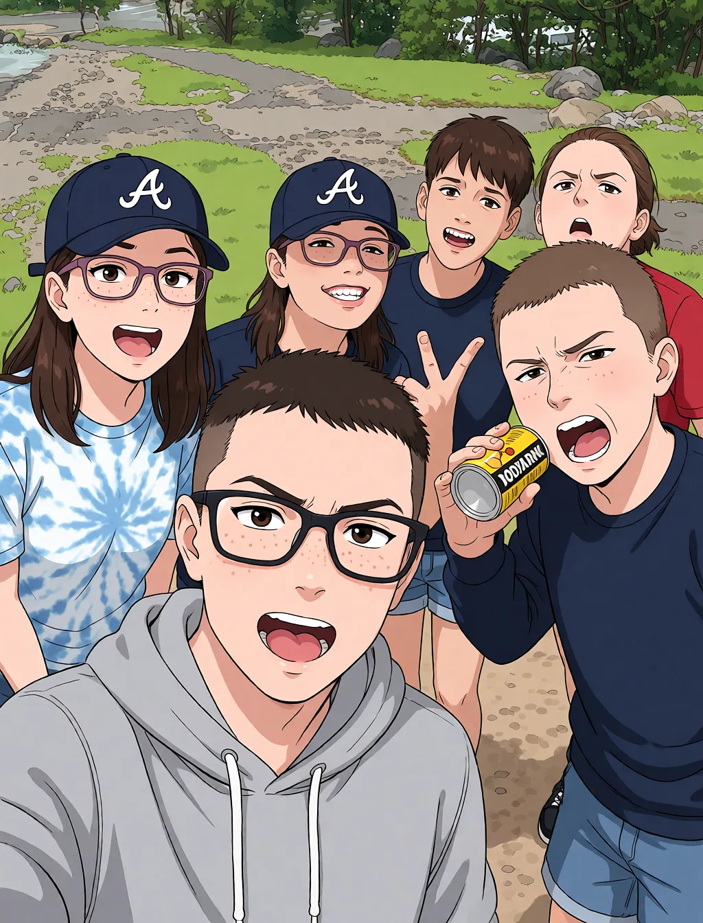 Redraw the entire picture as a hand-drawn anime illustration in flat cel-shaded anime style. It stays the same person with the same face, the same expression, the same hair and the same skin tone, and every other detail of the photograph is kept exactly as it is: nothing is added, removed, moved, uncovered or recoloured. Only the medium changes, and no part of the picture is left photographic. Above all, the picture must show: Feetjob.