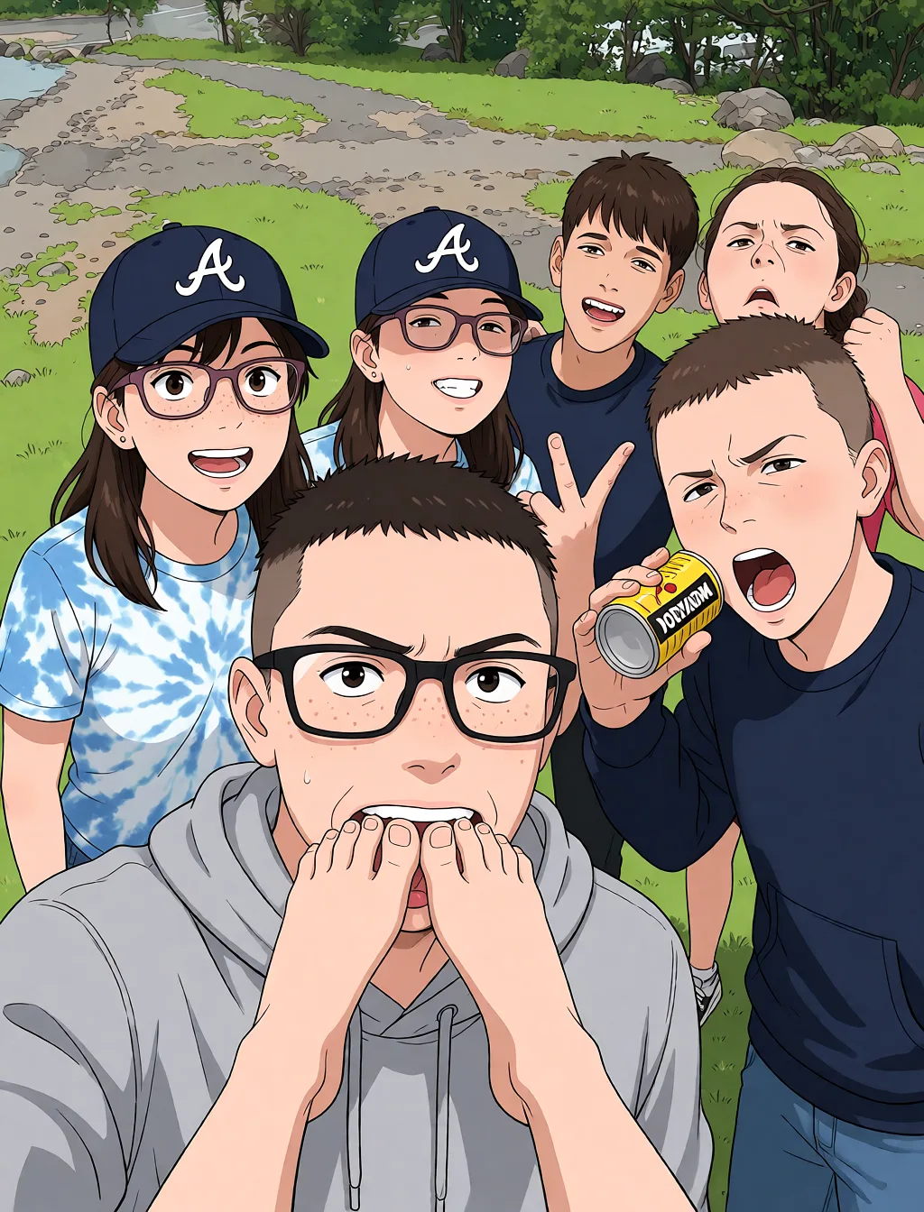 Redraw the entire picture as a hand-drawn anime illustration in flat cel-shaded anime style. It stays the same person with the same face, the same expression, the same hair and the same skin tone, and every other detail of the photograph is kept exactly as it is: nothing is added, removed, moved, uncovered or recoloured. Only the medium changes, and no part of the picture is left photographic. Above all, the picture must show: Feet in mouth.