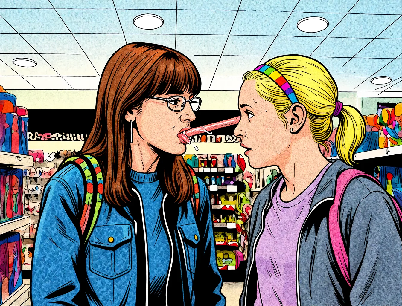Redraw the entire picture as western comic-book art: heavy black inked outlines, hard-edged cel shading, limited high-contrast colour and visible halftone dot texture. The background is drawn in the same style. Nothing in the frame keeps its photographic appearance. Above all, the picture must show: french_kiss cum_in_mouth.