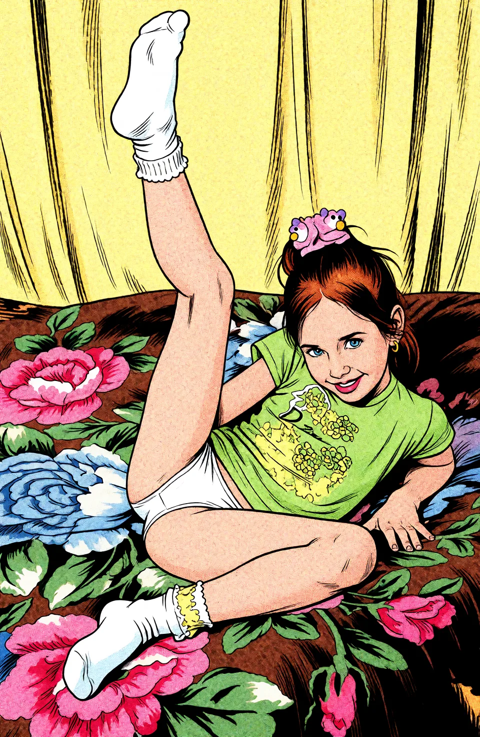 Redraw the entire picture as western comic-book art: heavy black inked outlines, hard-edged cel shading, limited high-contrast colour and visible halftone dot texture. The background is drawn in the same style. Nothing in the frame keeps its photographic appearance. Above all, the picture must show: no_panties.