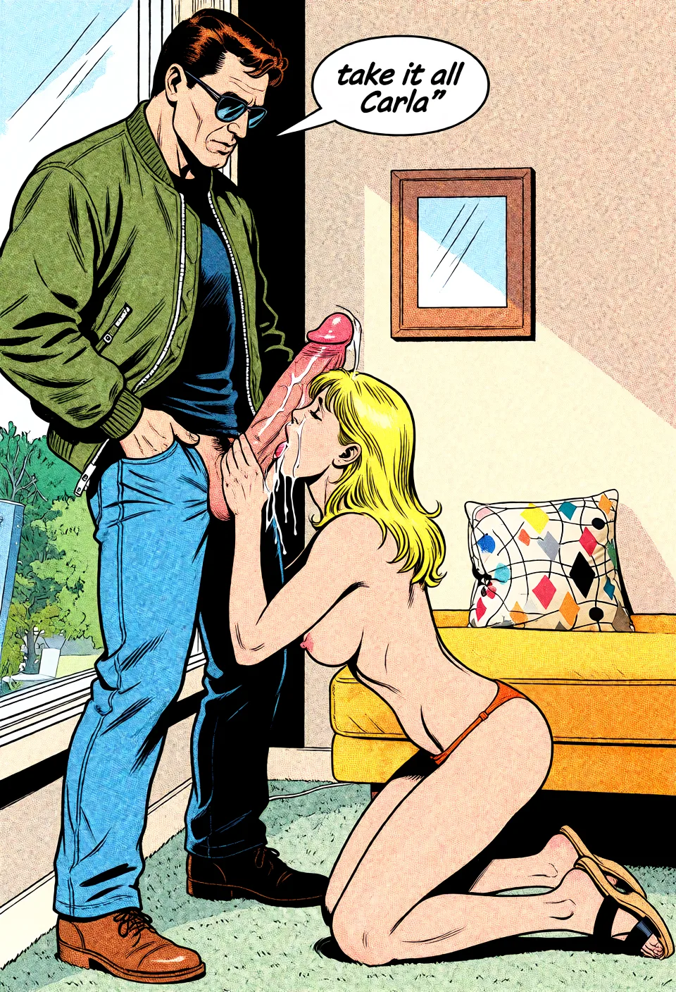 Redraw the entire picture as western comic-book art: heavy black inked outlines, hard-edged cel shading, limited high-contrast colour and visible halftone dot texture. The background is drawn in the same style. Nothing in the frame keeps its photographic appearance. Above all, the picture must show: She gets on her knees and sucks the man's unbelievably giant dick. The man says "take it all Carla".