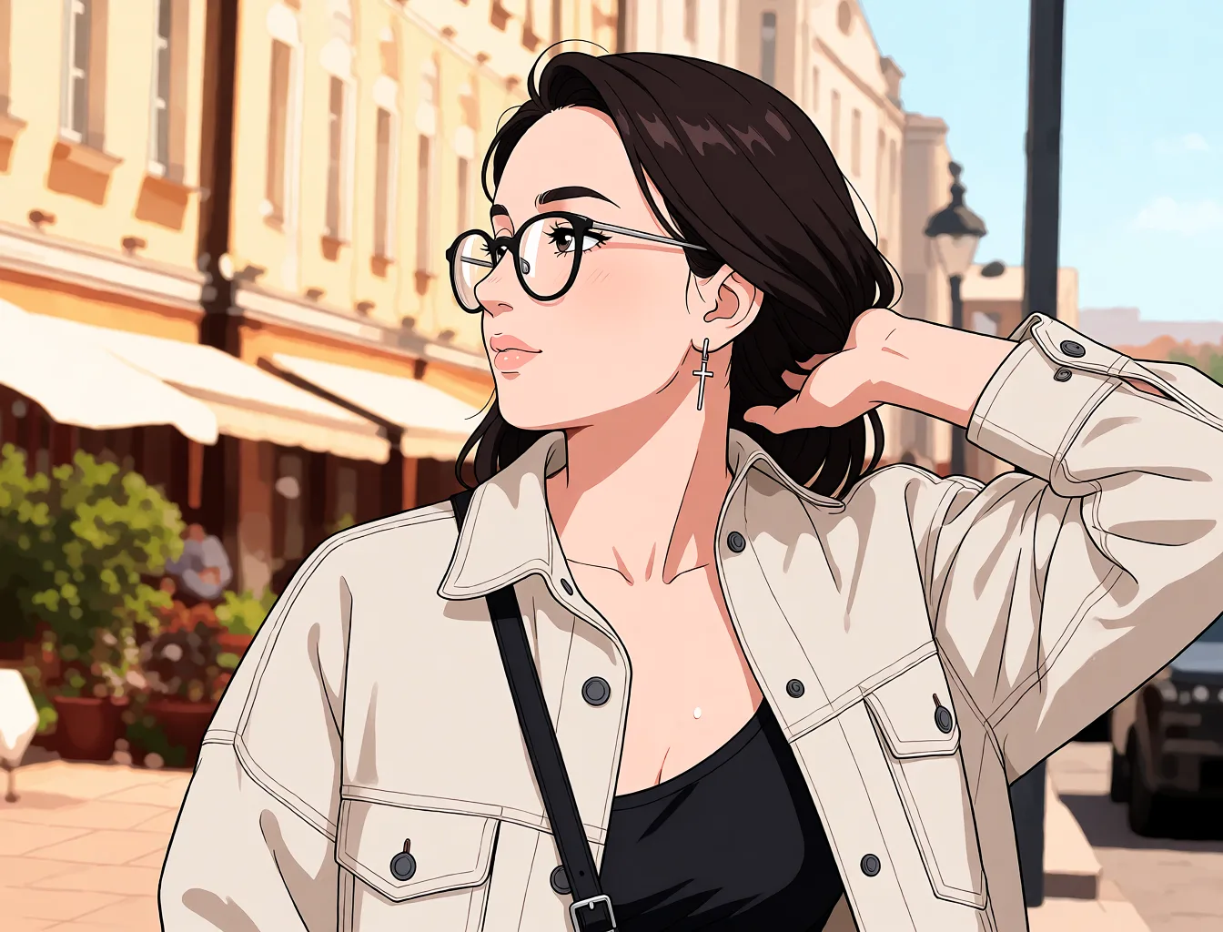 Redraw the entire picture as a hand-drawn anime illustration in flat cel-shaded anime style. It stays the same person with the same face, the same expression, the same hair and the same skin tone, and every other detail of the photograph is kept exactly as it is: nothing is added, removed, moved, uncovered or recoloured. Only the medium changes, and no part of the picture is left photographic. Above all, the picture must show: Blowjob.