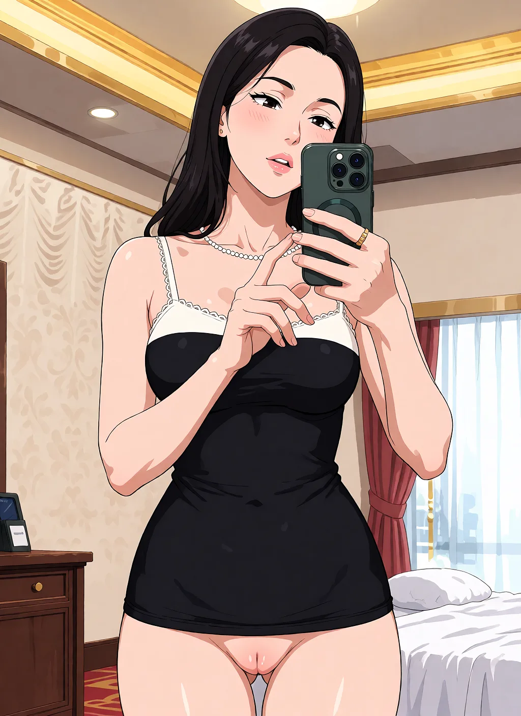 Redraw the entire picture as a hand-drawn anime illustration in flat cel-shaded anime style. It stays the same person with the same face, the same expression, the same hair and the same skin tone, and every other detail of the photograph is kept exactly as it is: nothing is added, removed, moved, uncovered or recoloured. Only the medium changes, and no part of the picture is left photographic. Above all, the picture must show: ultra detailed nude woman, perfect body, standing front, aroused expression, detailed, studio light, RAW.