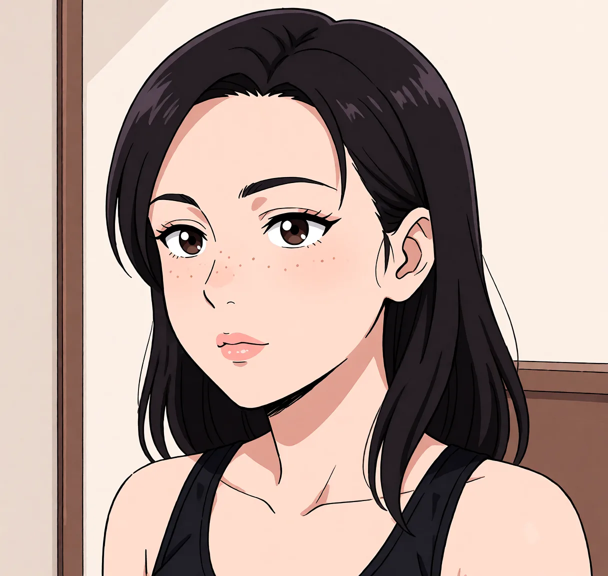Redraw the entire picture as a hand-drawn anime illustration in flat cel-shaded anime style. It stays the same person with the same face, the same expression, the same hair and the same skin tone, and every other detail of the photograph is kept exactly as it is: nothing is added, removed, moved, uncovered or recoloured. Only the medium changes, and no part of the picture is left photographic. Above all, the picture must show: Classy black panties.
