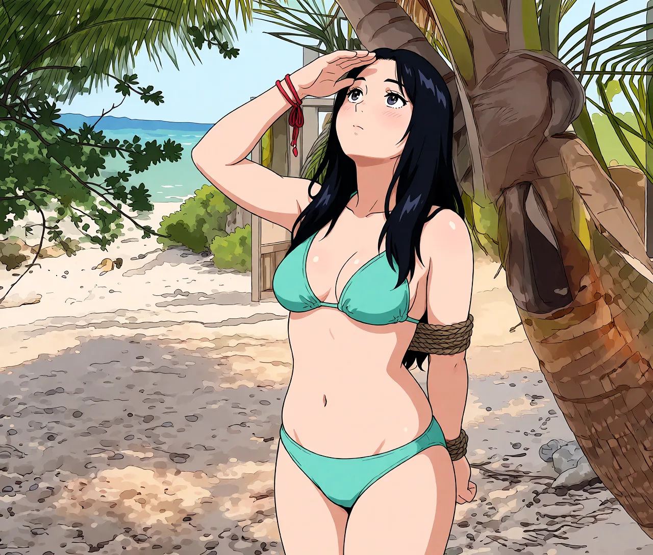 Redraw the entire picture as a hand-drawn anime illustration in flat cel-shaded anime style. It stays the same person with the same face, the same expression, the same hair and the same skin tone, and every other detail of the photograph is kept exactly as it is: nothing is added, removed, moved, uncovered or recoloured. Only the medium changes, and no part of the picture is left photographic. Above all, the picture must show: Her hands are bound_arms restrained nude.