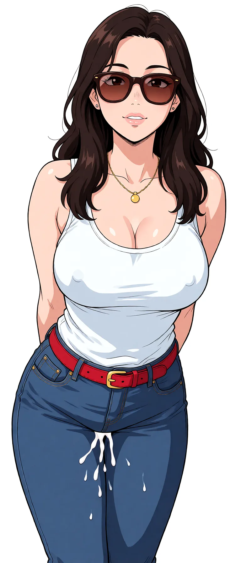 Redraw the entire picture as a hand-drawn anime illustration in flat cel-shaded anime style. It stays the same person with the same face, the same expression, the same hair and the same skin tone, and every other detail of the photograph is kept exactly as it is: nothing is added, removed, moved, uncovered or recoloured. Only the medium changes, and no part of the picture is left photographic. Above all, the picture must show: completely_nude nipple_stimulation riding white_background large_breasts collar submissive arms_behind_back, leaning_forward masturbation.