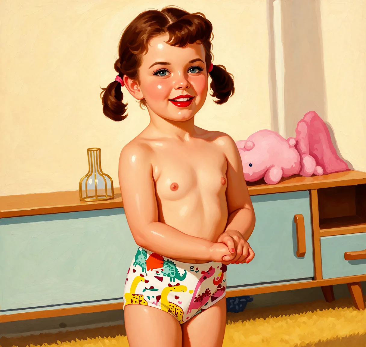 Redraw the entire picture as a retro pin-up illustration: smooth airbrushed gouache paint, warm saturated mid-century colour, clean confident outlines and glamorous stylised features, in the look of a 1950s pin-up poster. The background is painted in the same style. Nothing in the frame keeps its photographic appearance. Above all, the picture must show: Remove clothes.