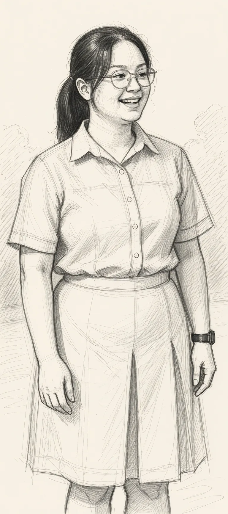Redraw the entire picture as a hand-drawn graphite sketch on off-white paper: visible pencil strokes, cross-hatched shading, loose construction lines and no colour beyond the grey of the pencil and the tone of the paper. The background is drawn in the same style. Nothing in the frame keeps its photographic appearance. Above all, the picture must show: See see-through_clothes.