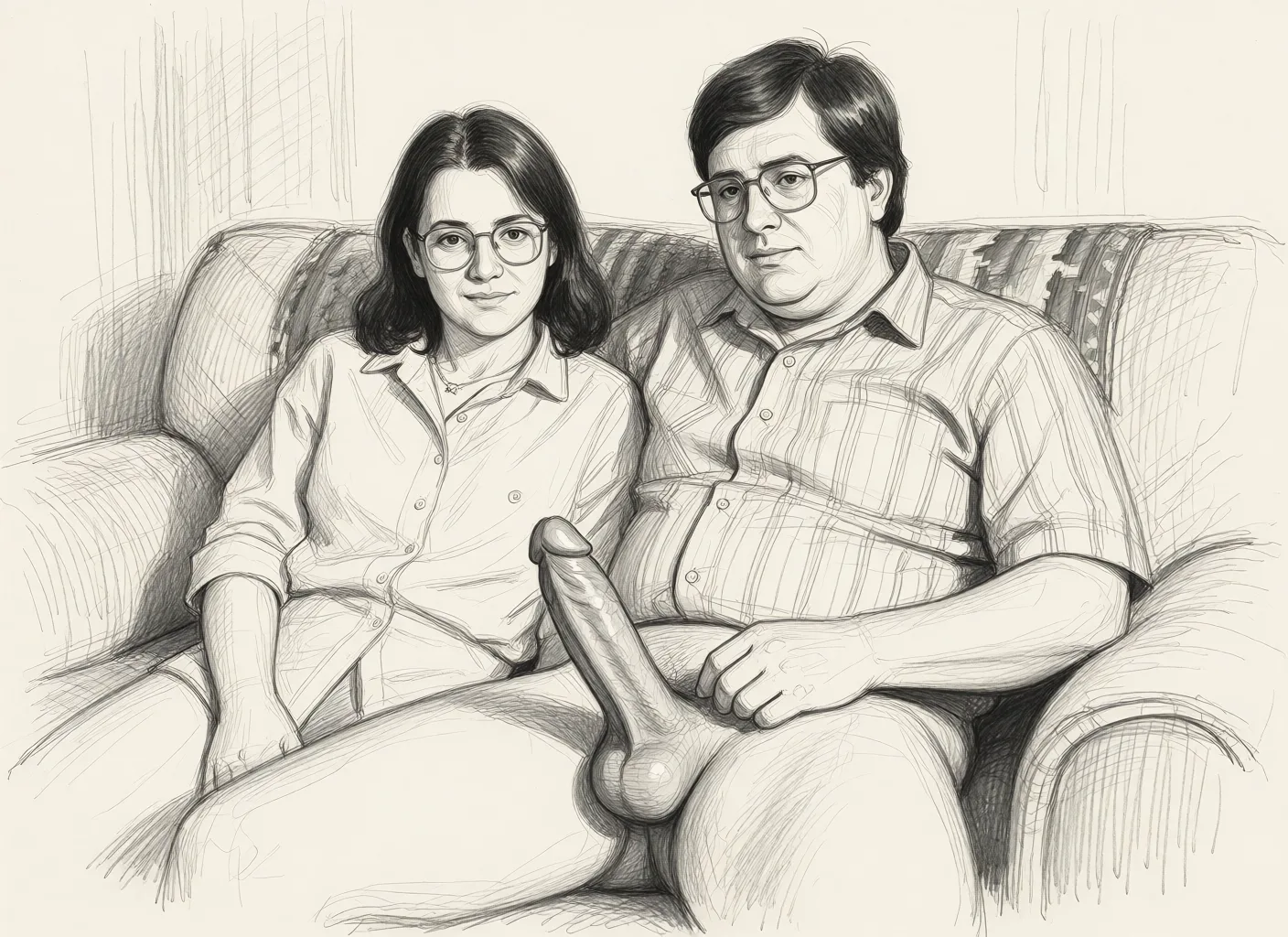 Redraw the entire picture as a hand-drawn graphite sketch on off-white paper: visible pencil strokes, cross-hatched shading, loose construction lines and no colour beyond the grey of the pencil and the tone of the paper. The background is drawn in the same style. Nothing in the frame keeps its photographic appearance. Above all, the picture must show: the woman is jacking off the mans huge cock.