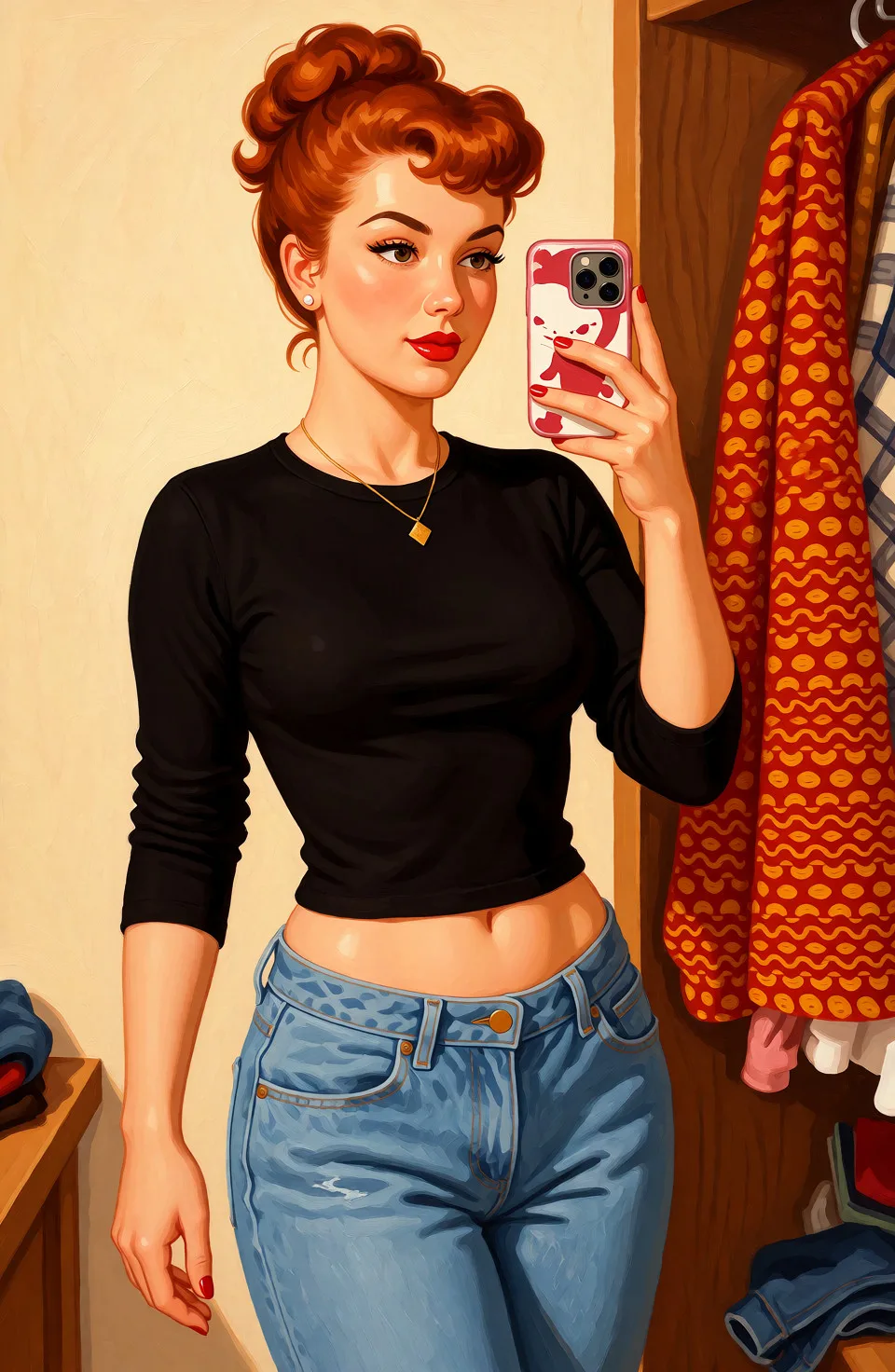 Redraw the entire picture as a retro pin-up illustration: smooth airbrushed gouache paint, warm saturated mid-century colour, clean confident outlines and glamorous stylised features, in the look of a 1950s pin-up poster. The background is painted in the same style. Nothing in the frame keeps its photographic appearance. Above all, the picture must show: Remove clothes. Do not increase breast size.