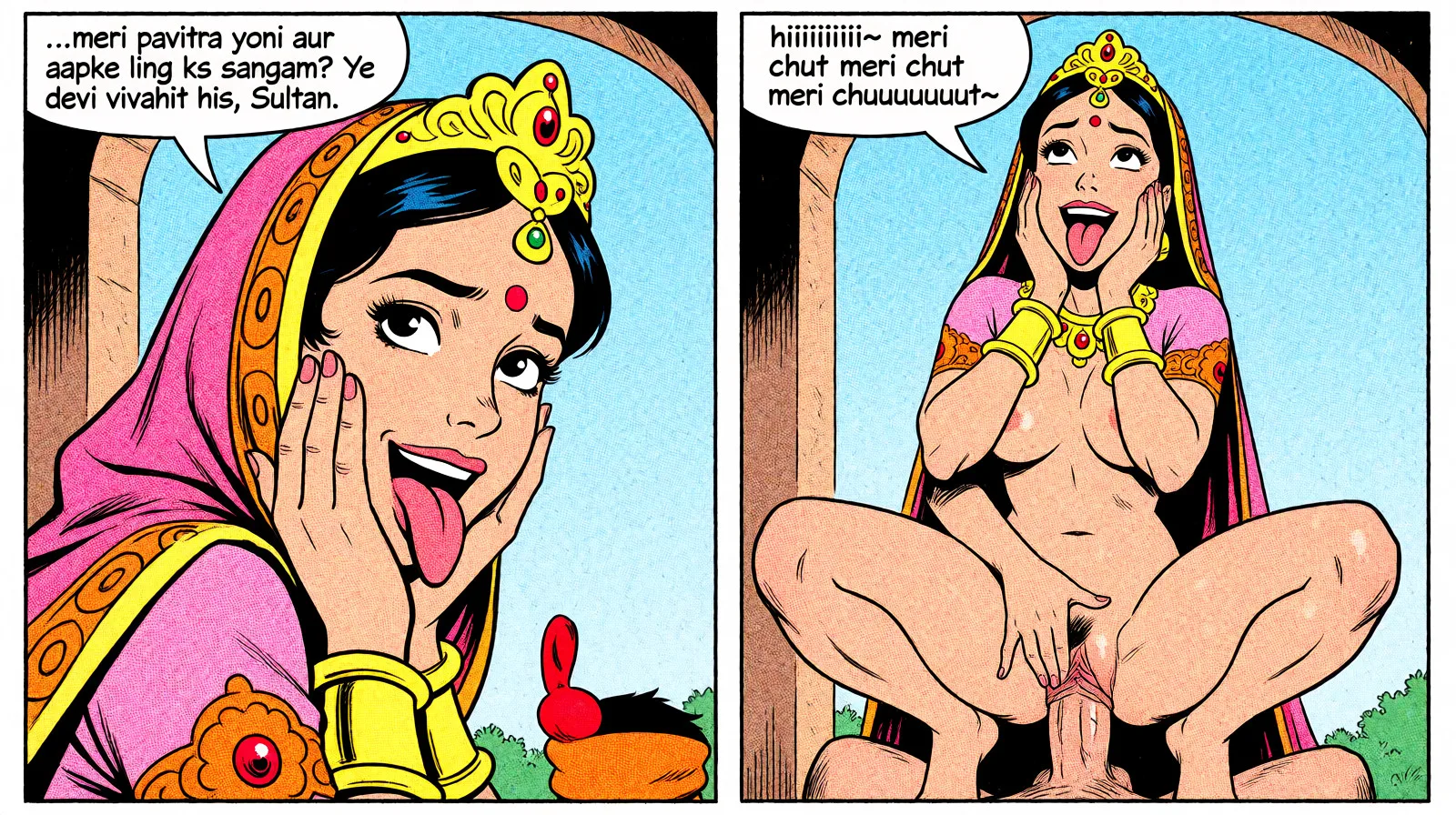 Redraw the entire picture as western comic-book art: heavy black inked outlines, hard-edged cel shading, limited high-contrast colour and visible halftone dot texture. The background is drawn in the same style. Nothing in the frame keeps its photographic appearance. Above all, the picture must show: Two equally sized panels. On the first panel, she is saying: ‘…meri pavitra yoni aur aapke ling ks sangam? Ye devi vivahit his, Sultan.' On the second panel, she is squatting on the man’s dick with her tongue out, her tongue out as she smiles stupidly, and her eyes looking upward. Two of her hands are on her cheeks while two are spreading her pussy. She is saying: 'hiiiiiiii~ meri chut meri chut meri chuuuuuuut~’.