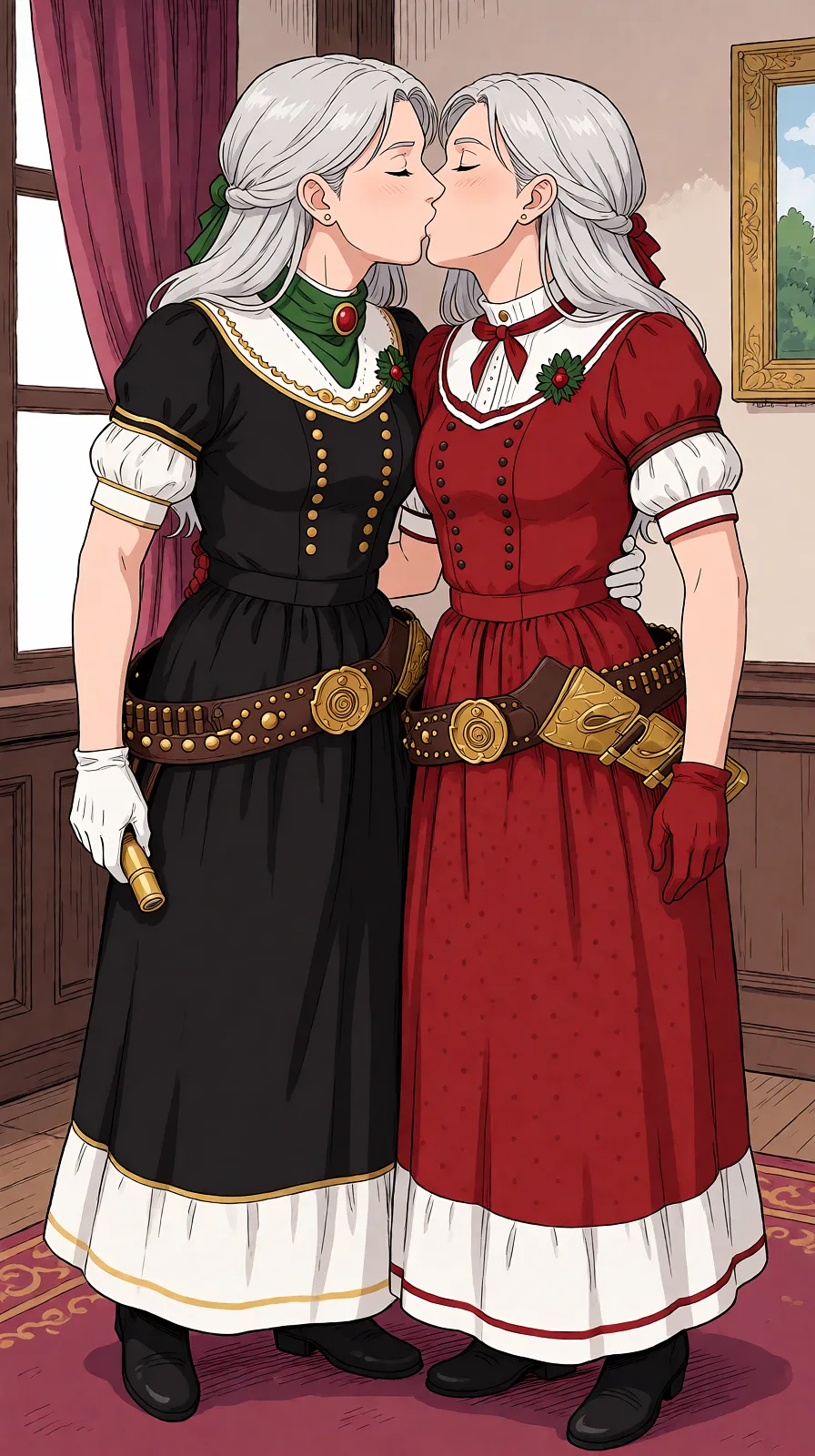 Redraw the entire picture as a hand-drawn anime illustration in flat cel-shaded anime style. It stays the same person with the same face, the same expression, the same hair and the same skin tone, and every other detail of the photograph is kept exactly as it is: nothing is added, removed, moved, uncovered or recoloured. Only the medium changes, and no part of the picture is left photographic. Above all, the picture must show: The women are kissing passionately.