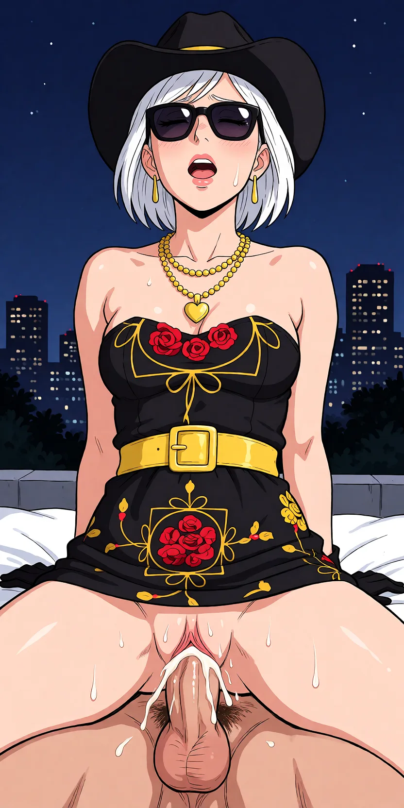Redraw the entire picture as a hand-drawn anime illustration in flat cel-shaded anime style. It stays the same person with the same face, the same expression, the same hair and the same skin tone, and every other detail of the photograph is kept exactly as it is: nothing is added, removed, moved, uncovered or recoloured. Only the medium changes, and no part of the picture is left photographic. Above all, the picture must show: Vaginal sex with a man in the cowgirl position. The woman’s face shows satisfaction. Semen is leaking from the woman’s vagina.