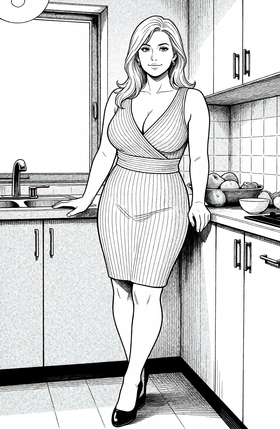 Redraw the entire picture as a black and white manga page: crisp black ink line art, no colour anywhere, flat halftone screentone shading, hatched shadows and clean white highlights, in the look of a printed manga panel. The background is drawn in the same style. Nothing in the frame keeps its photographic appearance. Above all, the picture must show: nothing sexy black lingerie.