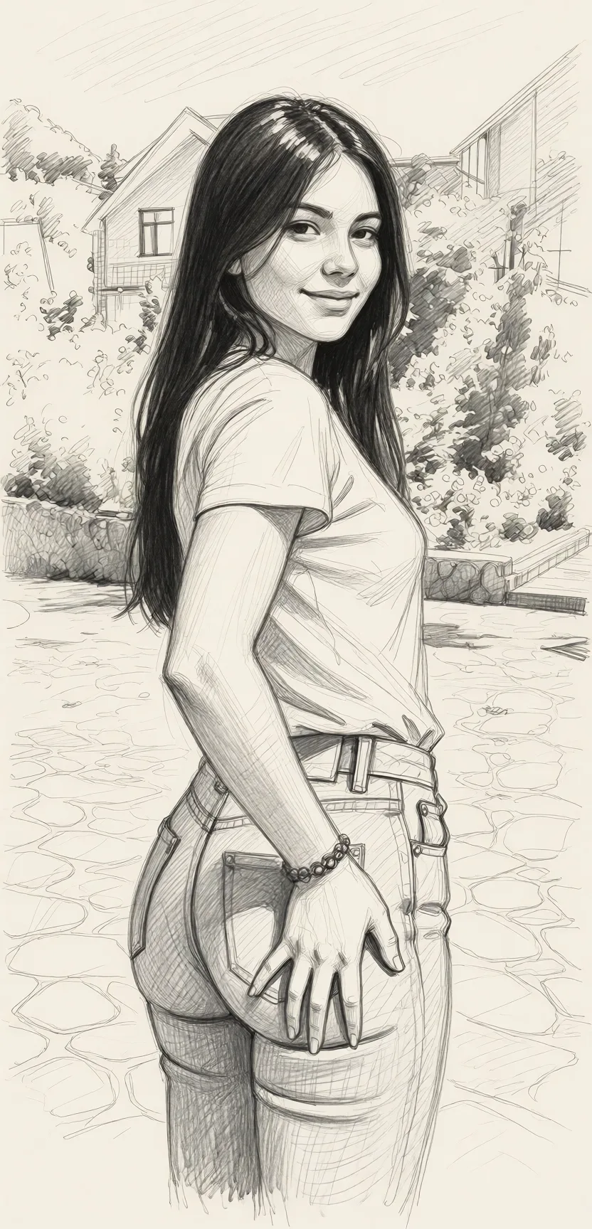 Redraw the entire picture as a hand-drawn graphite sketch on off-white paper: visible pencil strokes, cross-hatched shading, loose construction lines and no colour beyond the grey of the pencil and the tone of the paper. The background is drawn in the same style. Nothing in the frame keeps its photographic appearance. Above all, the picture must show: Someone is touching her ass.