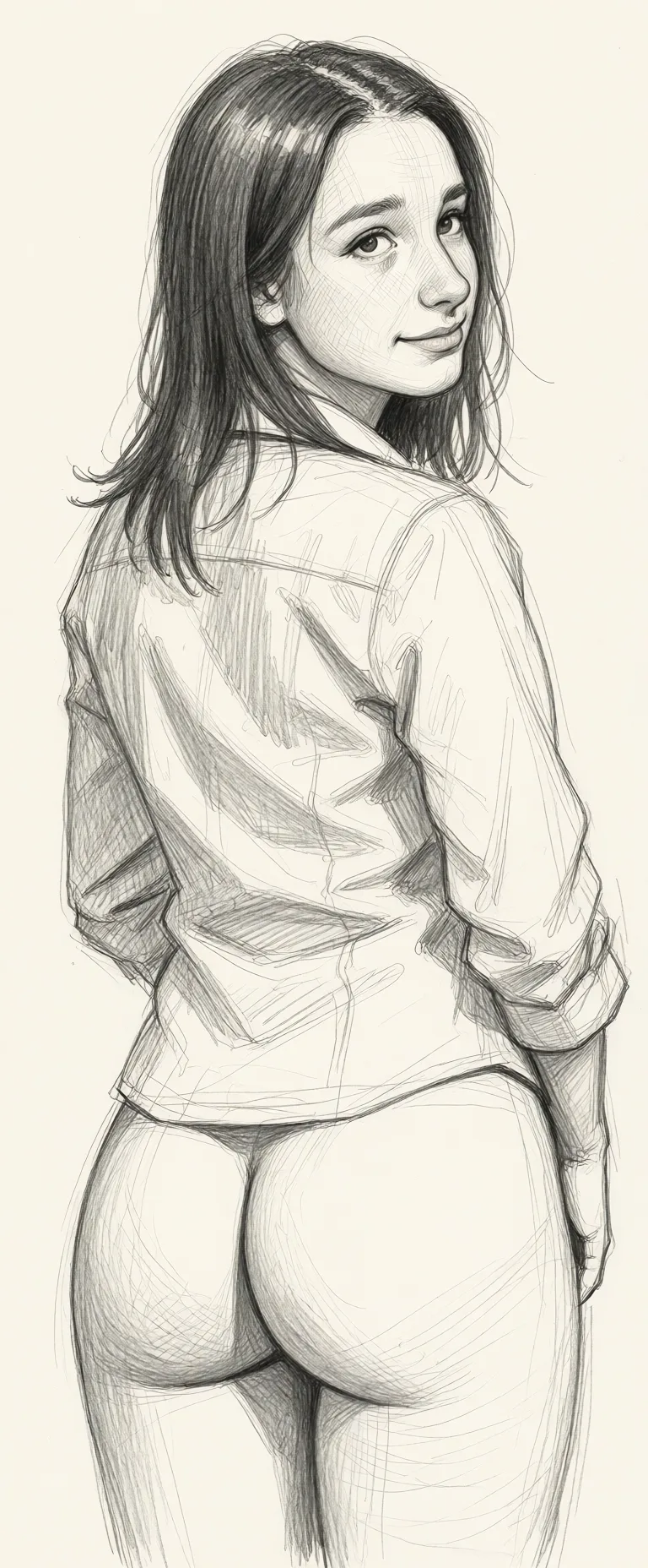 Redraw the entire picture as a hand-drawn graphite sketch on off-white paper: visible pencil strokes, cross-hatched shading, loose construction lines and no colour beyond the grey of the pencil and the tone of the paper. The background is drawn in the same style. Nothing in the frame keeps its photographic appearance. Above all, the picture must show: sex_from_behind.