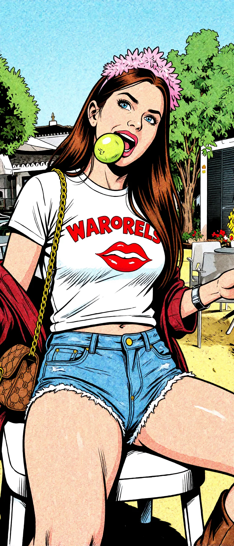 Redraw the entire picture as western comic-book art: heavy black inked outlines, hard-edged cel shading, limited high-contrast colour and visible halftone dot texture. The background is drawn in the same style. Nothing in the frame keeps its photographic appearance. Above all, the picture must show: Removes clothes, spreads ass.