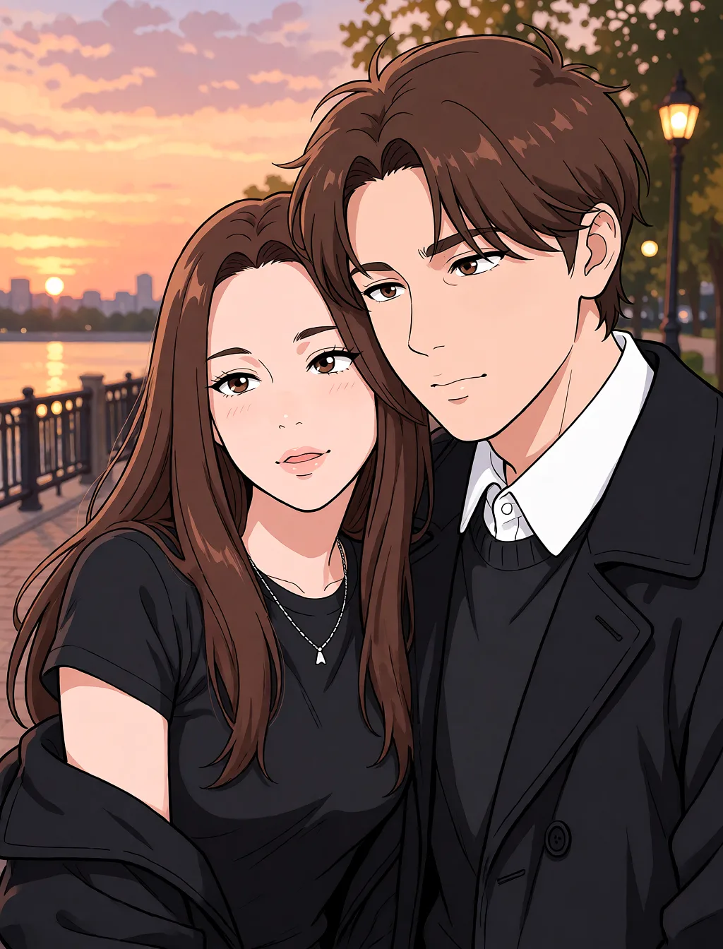 Redraw the entire picture as a hand-drawn anime illustration in flat cel-shaded anime style. It stays the same person with the same face, the same expression, the same hair and the same skin tone, and every other detail of the photograph is kept exactly as it is: nothing is added, removed, moved, uncovered or recoloured. Only the medium changes, and no part of the picture is left photographic. Above all, the picture must show: He came in her pussy.