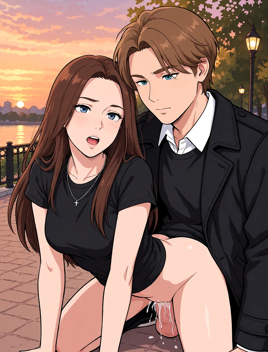 Redraw the entire picture as a hand-drawn anime illustration in flat cel-shaded anime style. It stays the same person with the same face, the same expression, the same hair and the same skin tone, and every other detail of the photograph is kept exactly as it is: nothing is added, removed, moved, uncovered or recoloured. Only the medium changes, and no part of the picture is left photographic. Above all, the picture must show: Fuck her in the cowgirl position.