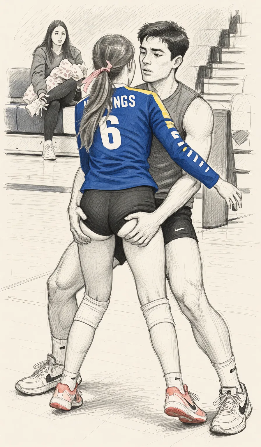 Redraw the entire picture as a hand-drawn graphite sketch on off-white paper: visible pencil strokes, cross-hatched shading, loose construction lines and no colour beyond the grey of the pencil and the tone of the paper. The background is drawn in the same style. Nothing in the frame keeps its photographic appearance. Above all, the picture must show: Guy thigh fucking her while she is still clothed.