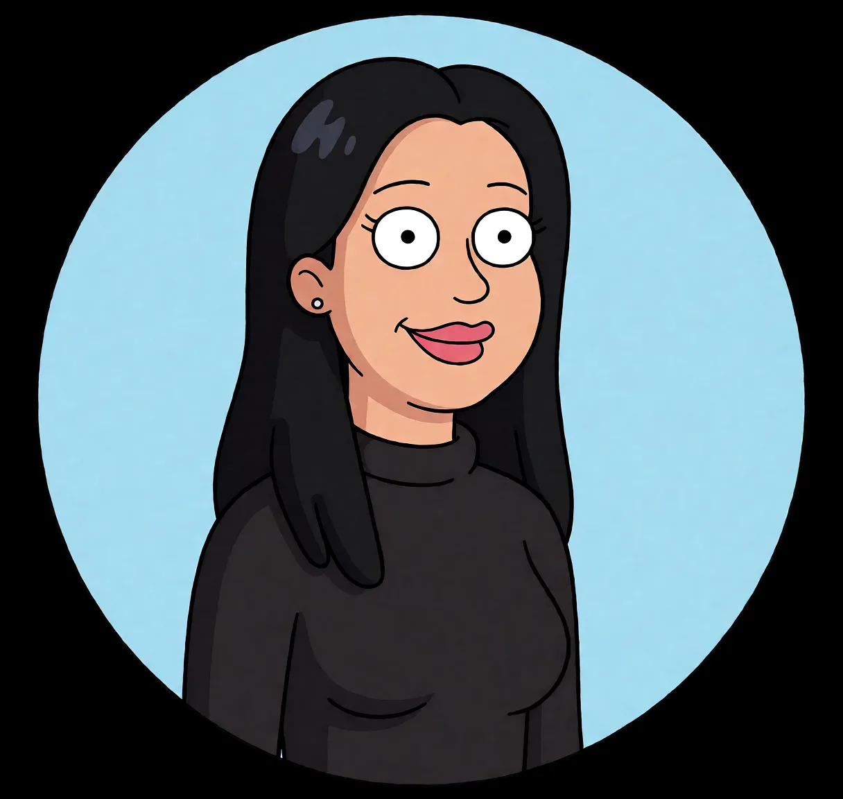 Redraw the entire picture as a western animated cartoon cel: thick even outlines, flat bright blocks of colour, simplified rounded shapes and hard-edged shadows, in the look of a television cartoon rather than of a camera. Keep the woman's adult proportions and adult figure exactly as they are; only the drawing style changes. The background is drawn in the same style. Nothing in the frame keeps its photographic appearance. Above all, the picture must show: ass_focus.
