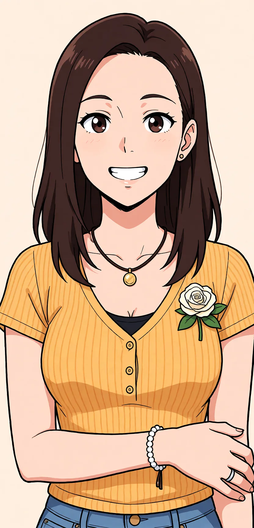 Redraw the entire picture as a hand-drawn anime illustration in flat cel-shaded anime style. It stays the same person with the same face, the same expression, the same hair and the same skin tone, and every other detail of the photograph is kept exactly as it is: nothing is added, removed, moved, uncovered or recoloured. Only the medium changes, and no part of the picture is left photographic. Above all, the picture must show: naked_shirt.