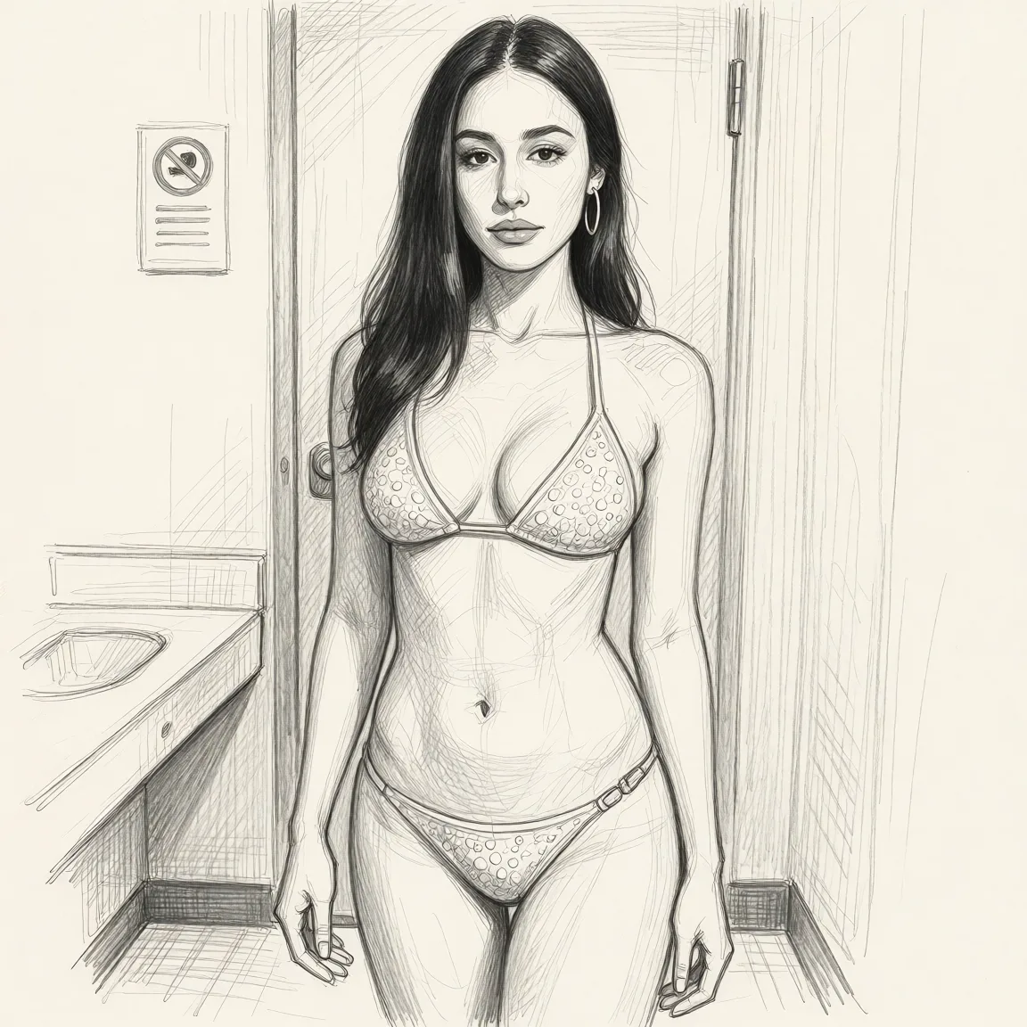 Redraw the entire picture as a hand-drawn graphite sketch on off-white paper: visible pencil strokes, cross-hatched shading, loose construction lines and no colour beyond the grey of the pencil and the tone of the paper. The background is drawn in the same style. Nothing in the frame keeps its photographic appearance. Above all, the picture must show: bikini standing ass_visible_through_thighs.