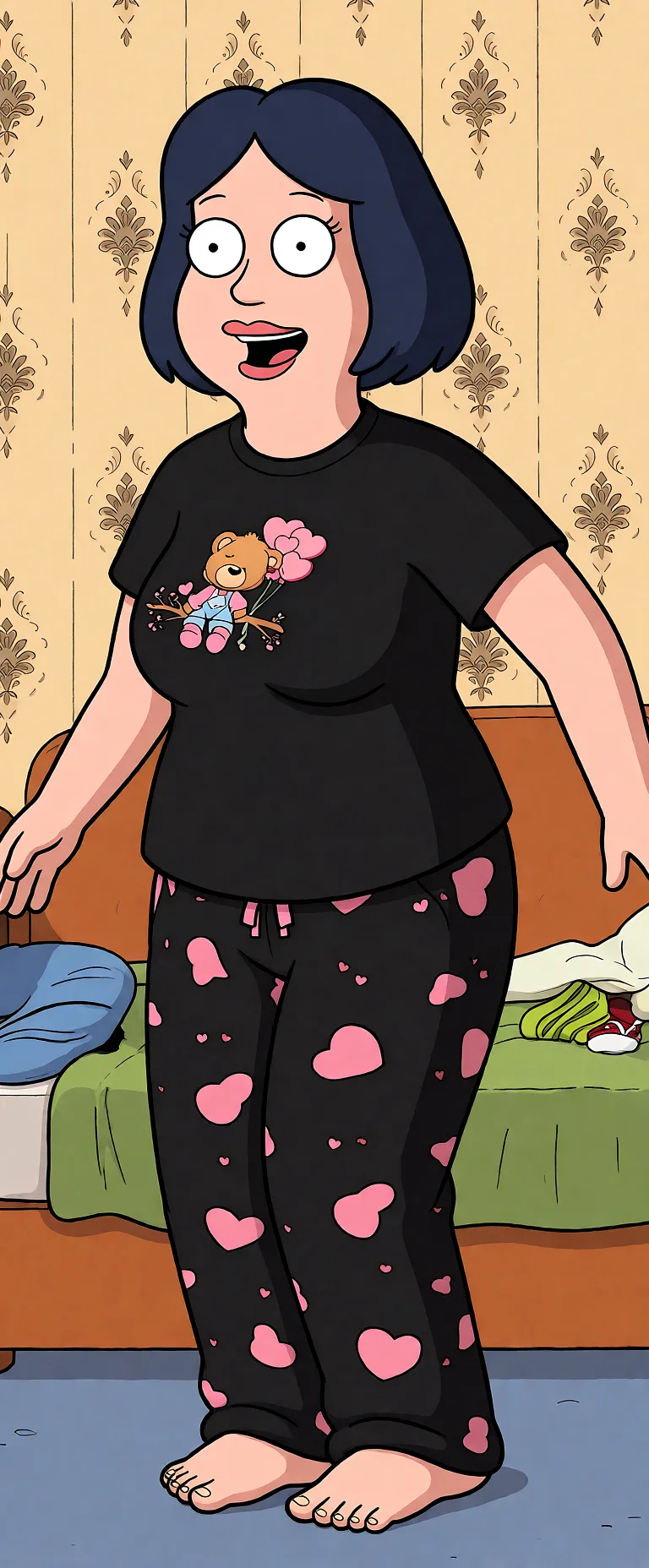 Redraw the entire picture as a western animated cartoon cel: thick even outlines, flat bright blocks of colour, simplified rounded shapes and hard-edged shadows, in the look of a television cartoon rather than of a camera. Keep the woman's adult proportions and adult figure exactly as they are; only the drawing style changes. The background is drawn in the same style. Nothing in the frame keeps its photographic appearance. Above all, the picture must show: Снимает всю одежду полностью голая ложится на диван и раздвигает ноги.