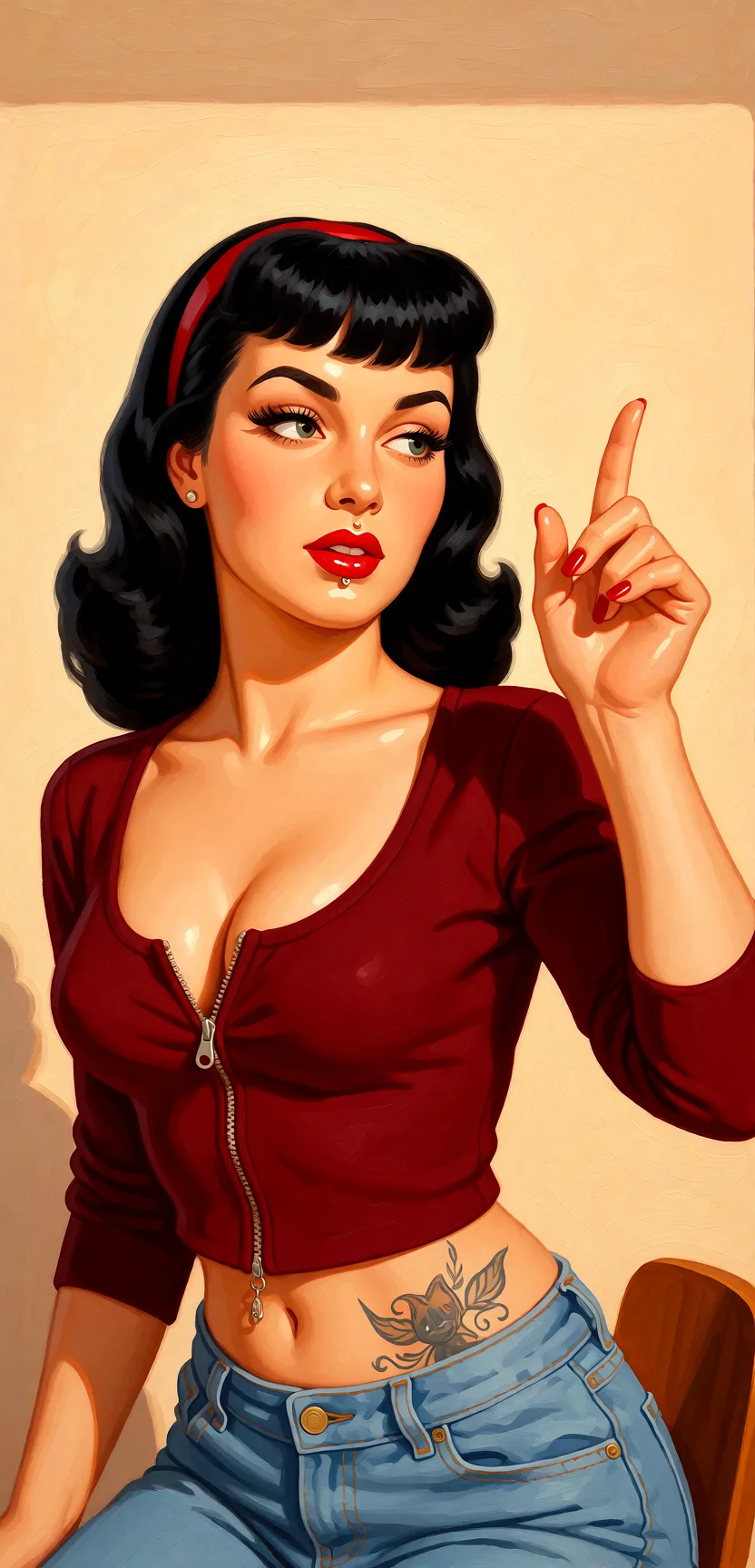 Redraw the entire picture as a retro pin-up illustration: smooth airbrushed gouache paint, warm saturated mid-century colour, clean confident outlines and glamorous stylised features, in the look of a 1950s pin-up poster. The background is painted in the same style. Nothing in the frame keeps its photographic appearance. Above all, the picture must show: sex.