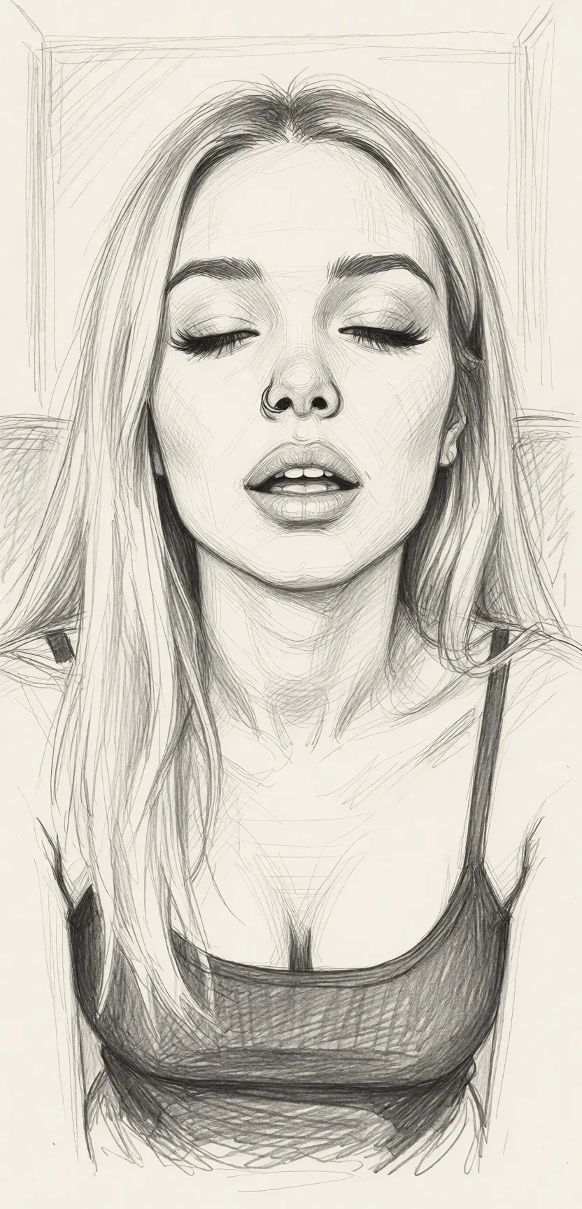 Redraw the entire picture as a hand-drawn graphite sketch on off-white paper: visible pencil strokes, cross-hatched shading, loose construction lines and no colour beyond the grey of the pencil and the tone of the paper. The background is drawn in the same style. Nothing in the frame keeps its photographic appearance. Above all, the picture must show: threesome.