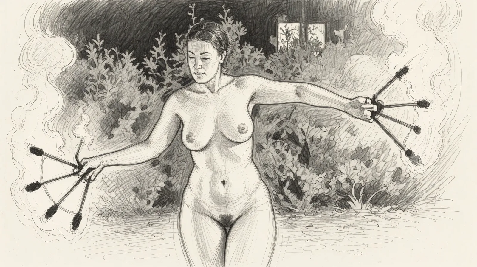 Redraw the entire picture as a hand-drawn graphite sketch on off-white paper: visible pencil strokes, cross-hatched shading, loose construction lines and no colour beyond the grey of the pencil and the tone of the paper. The background is drawn in the same style. Nothing in the frame keeps its photographic appearance. Above all, the picture must show: completely_nude.
