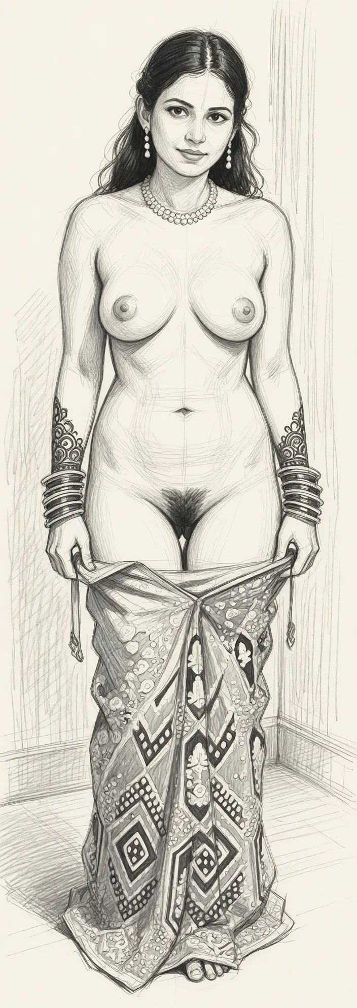 Redraw the entire picture as a hand-drawn graphite sketch on off-white paper: visible pencil strokes, cross-hatched shading, loose construction lines and no colour beyond the grey of the pencil and the tone of the paper. The background is drawn in the same style. Nothing in the frame keeps its photographic appearance. Above all, the picture must show: undressing.