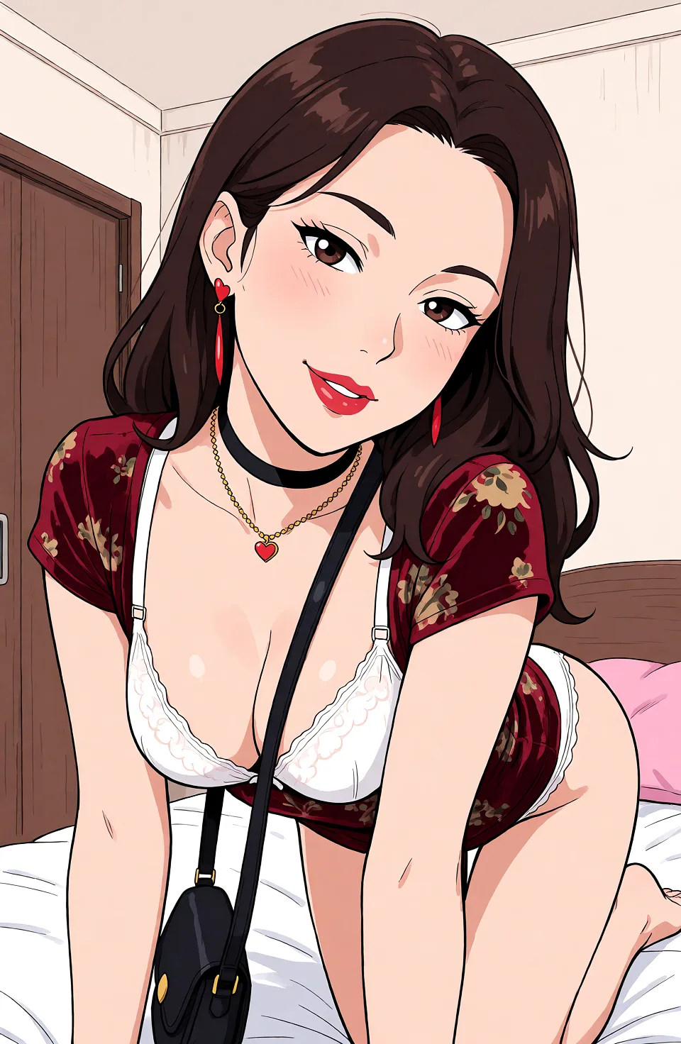 Redraw the entire picture as a hand-drawn anime illustration in flat cel-shaded anime style. It stays the same person with the same face, the same expression, the same hair and the same skin tone, and every other detail of the photograph is kept exactly as it is: nothing is added, removed, moved, uncovered or recoloured. Only the medium changes, and no part of the picture is left photographic. Above all, the picture must show: A women in small lingerie[Clothes:lingerie], [bra:shelf], [panty:tanga], [lingerie:naughty, sexy, white], [place: bedroom, on_the_bed], [position: crawling], [face:coquette], [attitude:coquette], [angle:camera_is_on_the_left].