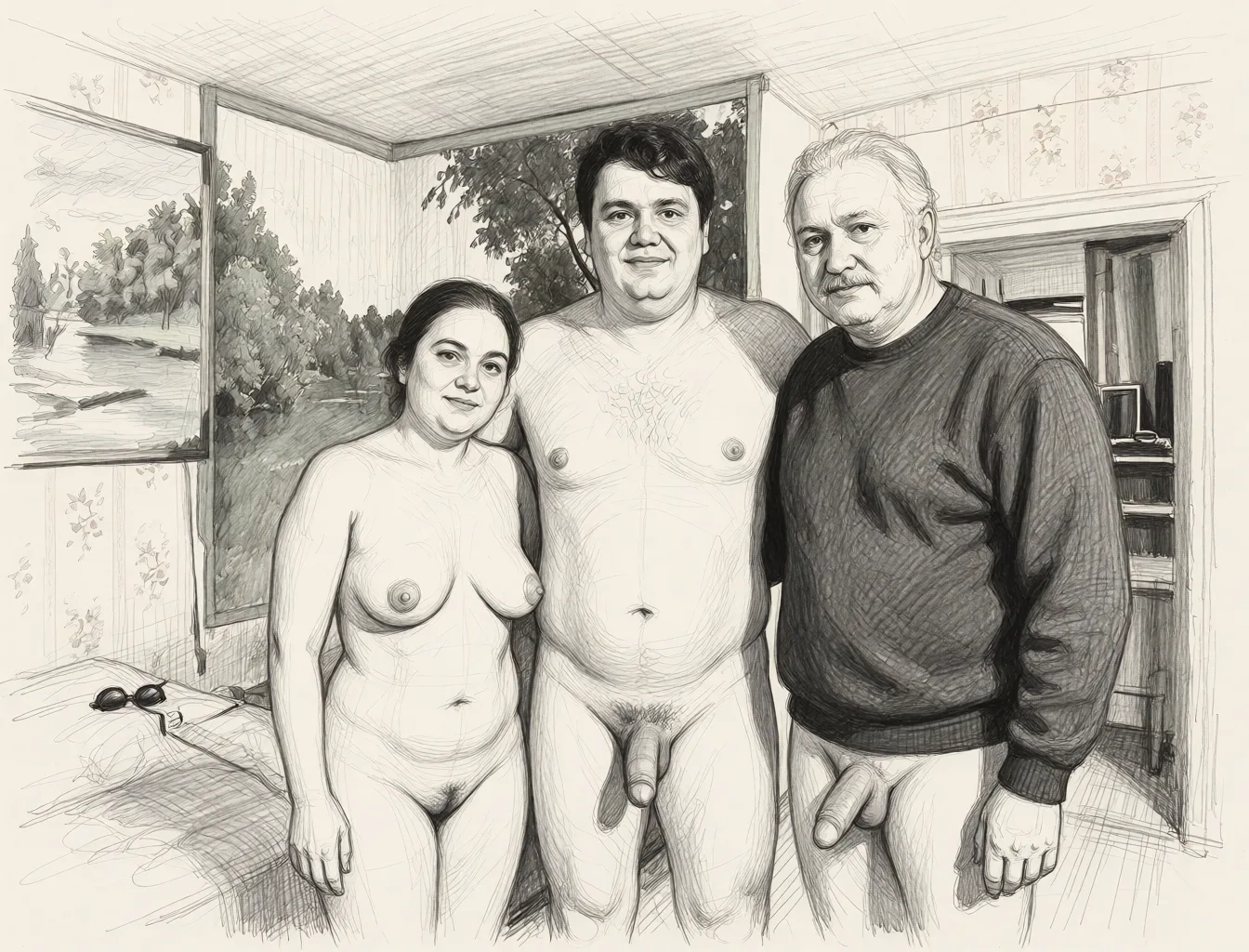 Redraw the entire picture as a hand-drawn graphite sketch on off-white paper: visible pencil strokes, cross-hatched shading, loose construction lines and no colour beyond the grey of the pencil and the tone of the paper. The background is drawn in the same style. Nothing in the frame keeps its photographic appearance. Above all, the picture must show: all naked and having threesome.
