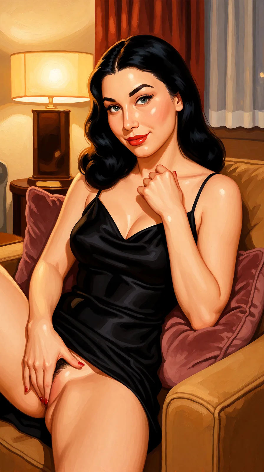 Redraw the entire picture as a retro pin-up illustration: smooth airbrushed gouache paint, warm saturated mid-century colour, clean confident outlines and glamorous stylised features, in the look of a 1950s pin-up poster. The background is painted in the same style. Nothing in the frame keeps its photographic appearance. Above all, the picture must show: masturbation.